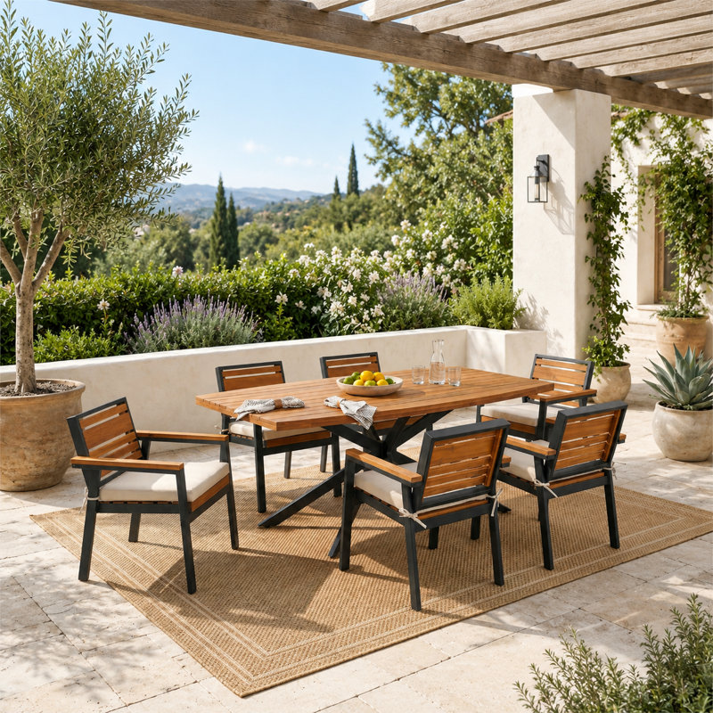 7-Piece Acacia Wood Dining Set with Cushioned Chairs
