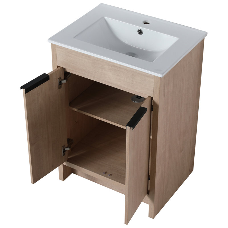 Meuble-lavabo autoportant 24 po, portes à fermeture en douceur, finition chêne, contreplaqué, tablettes réglables pour un superbe rangement en chêne, captivant