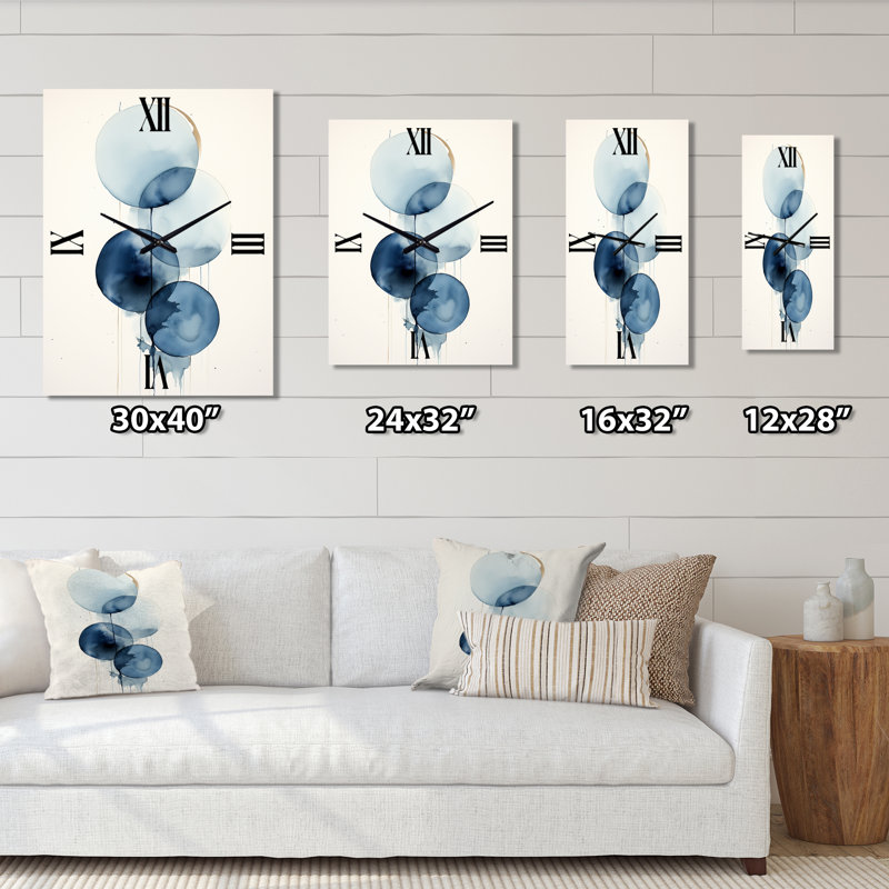 Orbiculaire unité aquarelle minimale en bleu rétro - très grandes horloges murales géométriques, H 32 po x l 24 po x P 1 po