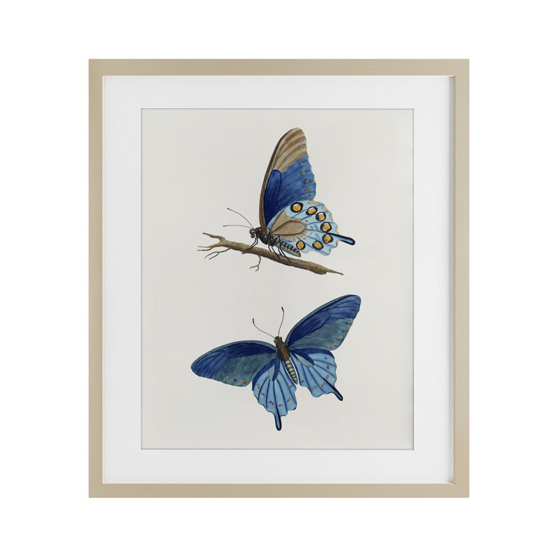 Paire de papillons bleus, reproduction sous verre, conception par Arlington Prints, H 16 po x l 13 po