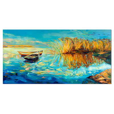 «Colorful Lake with Boats», reproduction de peinture à l'huile sur toile