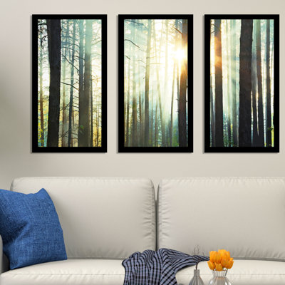 « coucher de soleil dans les bois », ensemble de 3 reproductions de photos encadrées