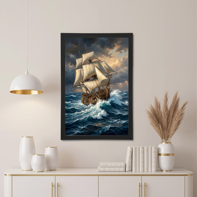 Ensemble de 1 tableau sur toile représentant un voilier en mer agitée, H 36 po x l 24 po