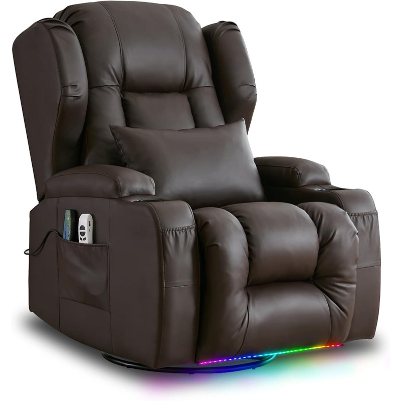 Aguilera Faux Leather Swivel Rocker Power Recliner Home Theater Chair with Cup Holders USB LED Lights, Brown