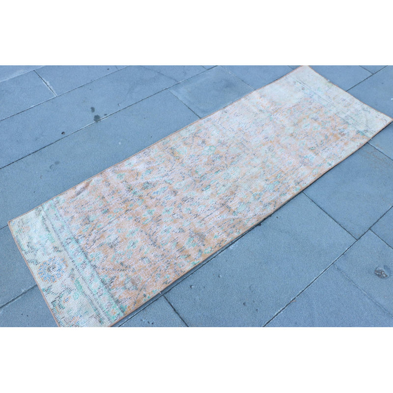 Vintage Turkish Oushak Runner Rug in Faded Orange with Wool Tassels - Ideal for Hallways