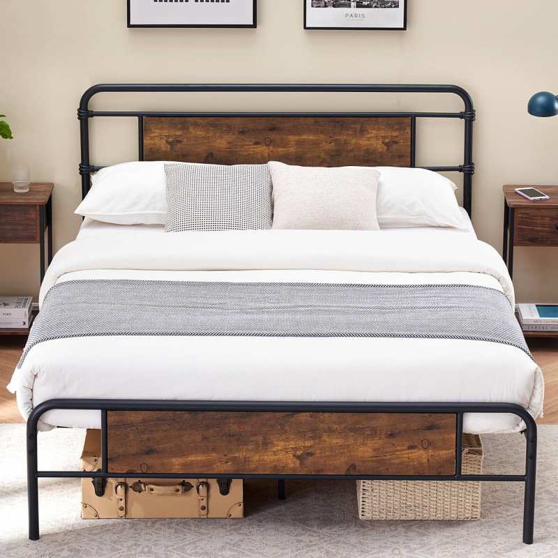 Base de lit plateforme avec tête de lit en bois