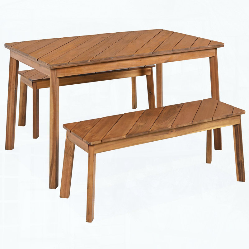 3-Piece Diagonal-Grained Acacia Wood Table & Bench Dining Set