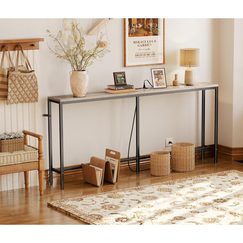 70" W Console Table with Outlet, Black, Oak Wood