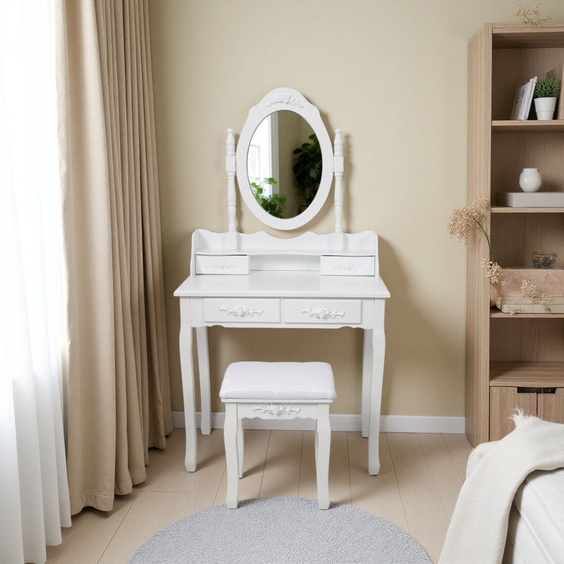 Princess Vanity Desk Set With Mirror  Cushioned Stool, White