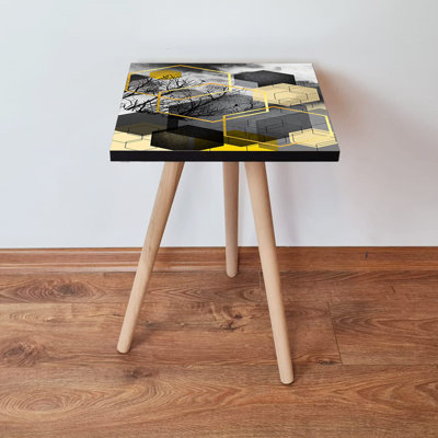 Élégante table d'appoint abstraite, noire, dorée et grise, 13,8 po x 16,5 po x 13,8 po | 100% panneau de fibres à densité moyenne avec pieds en bois de hêtre, épaisseur: 0,7 pouce | Conception géométrique, parfaite pour le décor du salon ou de la chambre à coucher, moderne et chic