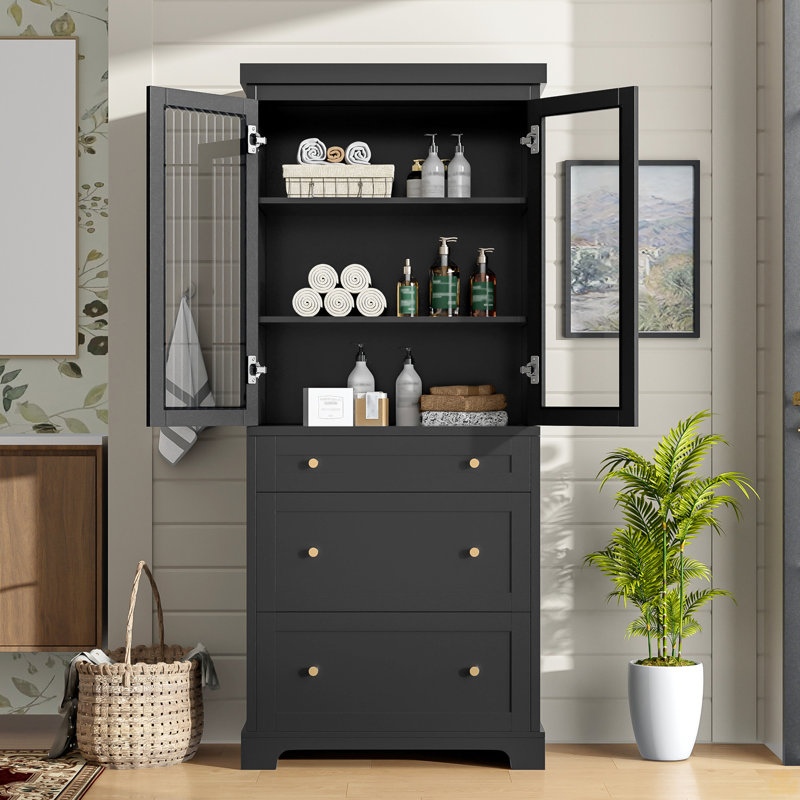 70.1" High Freestanding Tall Bathroom Cabinet With 2 Adjustable Shelves, 3 Drawers, Soft Close Glass Doors, Black