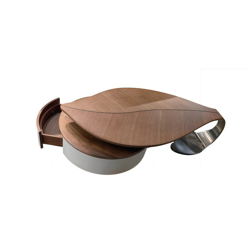 Table basse en forme de feuille avec tiroir en cuir de noyer et base de rangement en acier