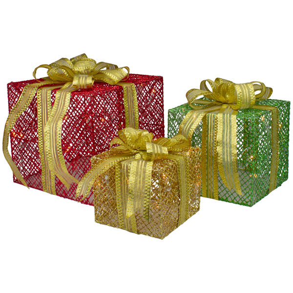 Northlight Set of 3 LED Lighted Red Green and Gold Glitter Gift Boxes ...