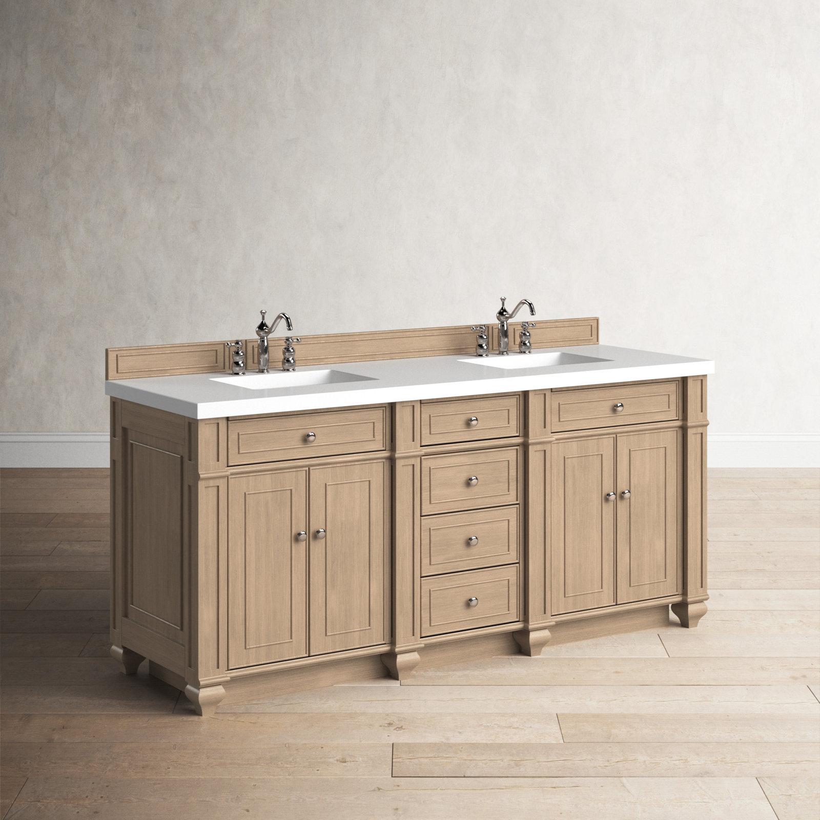 Bristol 72'' W Double Vanity, Whitewashed Walnut, Carrara White, 8" Widespread