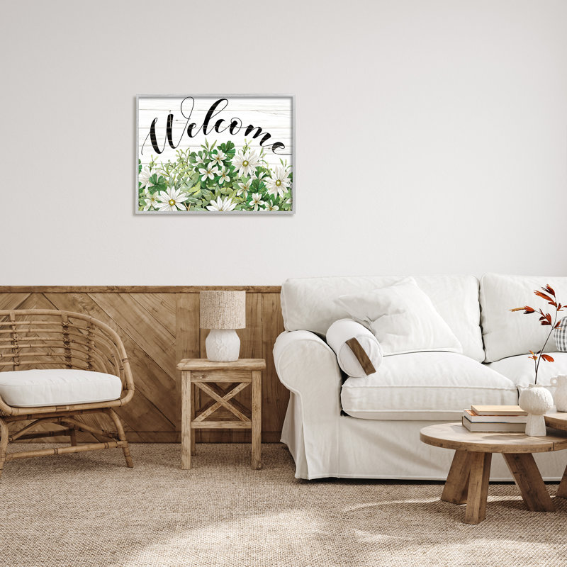 «Welcome Rustic Planked Sign White Flower Blossoms» par Cindy Jacobs - cadre flottant, impression sur toile