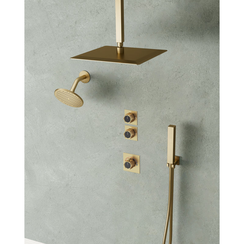 Thermostatic Shower Faucet System, Ceiling Mount 12" High-Pressure Rainfall Dual Shower Head with Handheld Shower and Rough-In Valve