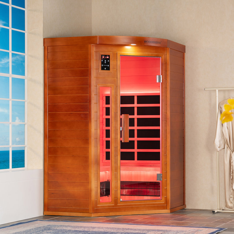 2-Person Indoor FAR Infrared Corner Sauna in Japanese Cedar with Red Light Therapy, Bluetooth Speaker, Smart Control Panel & Chromotherapy Lighting