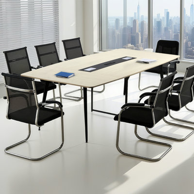 Conference Table, 8 ft Boat Shaped Office Meeting Table with Charge Station for 10 Person, Modern Boat Seminar Meeting Desk with Metal Legs for Office by Wrought Studio