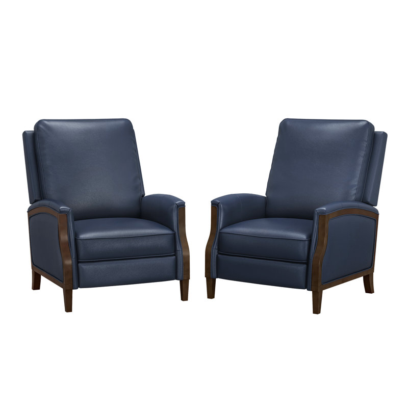 Liauro 32.3" Wide Genuine Leather Manual Recliner With Solid Wood Frame Handrail (Set Of 2), Navy