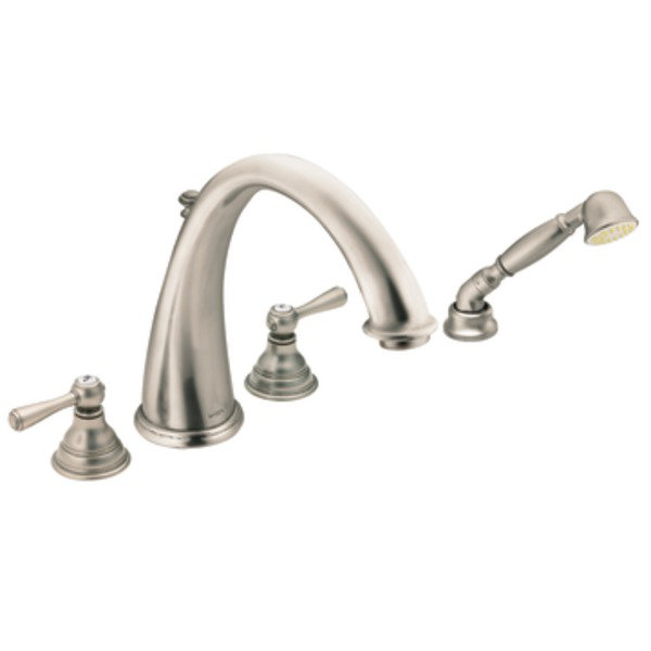 Kingsley Double Handle Deck Mounted Roman Tub Faucet Trim with Handshower, Antique Nickel