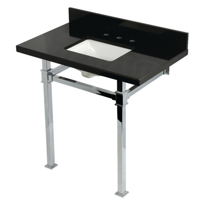 Kingston Brass Monarch 36-Inch Black Granite Console Sink with Stainless Steel Legs (8-Inch, 3-Hole)