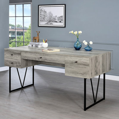 Bureau d'écriture avec 4 tiroirs en bois flotté gris, design industriel rustique, métal et, quatre pour l'organisation, mobilier de bureau rectangulaire, 30,5 pouces de haut - tiroir de couleur bois de grève, esthétique,