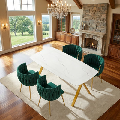 51" Glass Dining Table Set For 4, Rectangular Marble-Patterned Tempered Glass Table & Velvet Chairs, For Dining Room, Kitchen, Family Gatherings, Gold
