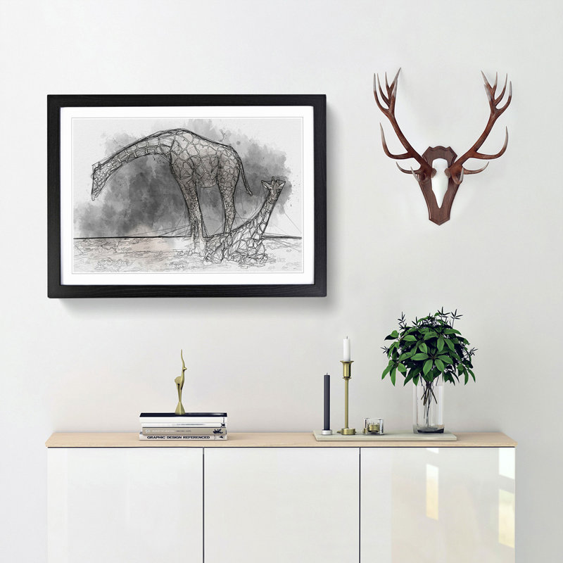 Two Giraffes in Abstract - Picture Frame Graphic Art Print, 27cm H x 36cm W x 2cm D, Black Framed