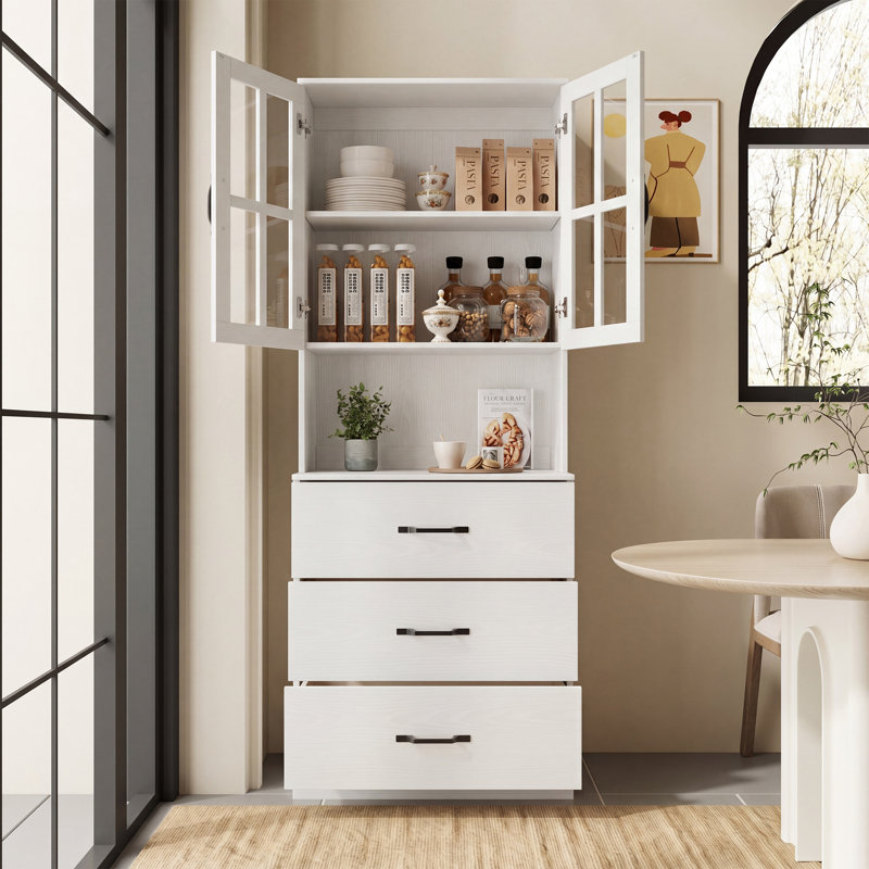 71" H X 23.6" W Kitchen Pantry With Bookcases, Glass Door Kitchen Hutch, White