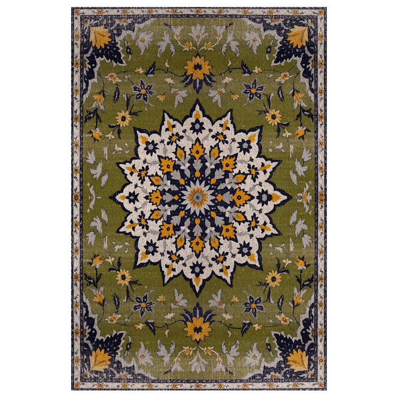 Palmyra Collection Digital Print Cotton-Polyester Green Floral Rug, Runner 4' x 10'6"