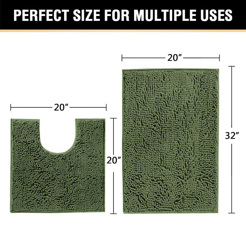 Ensemble de tapis de salle de bain en chenille de luxe, tapis de douche moelleux moelleux + tapis de toilette, tapis à poils longs en microfibre, lavable à la machine (ensemble incurvé, 32 po x 20 po / 20 po x 20 po, Loden)