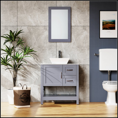 30-Inch Gray Bathroom Vanity and Sink Combo with Marble Pattern Top, Mirror, Faucet, and Drain for Elegant and Durable Design