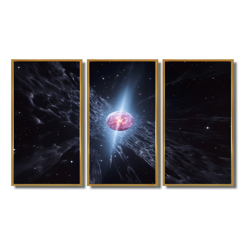Planète rose en orbite dans l'espace lointain - ensemble de salon d'art mural, Cadre flottant doré