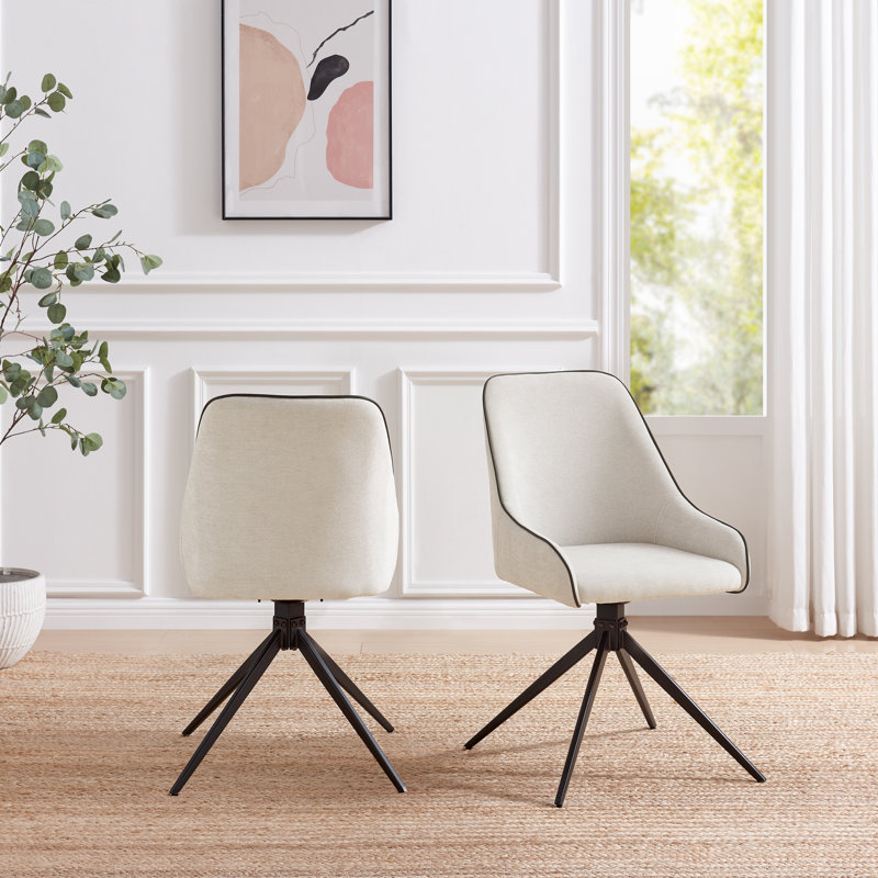 Penny Pillar Black Round Table With 4 Ophelia Luxury Fabric Upholstered Swivel Dining Chairs, Cream