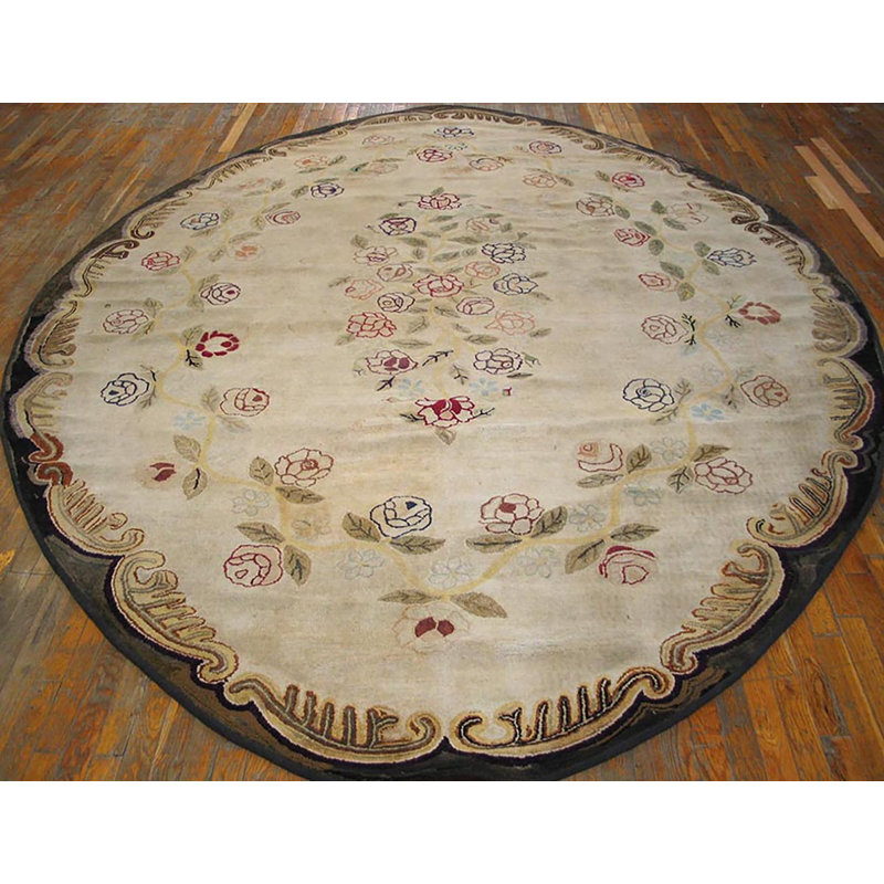 Antique Floral Medallion Wool Hand Knotted Pile Ivory Beige Cream White 1880s Rug