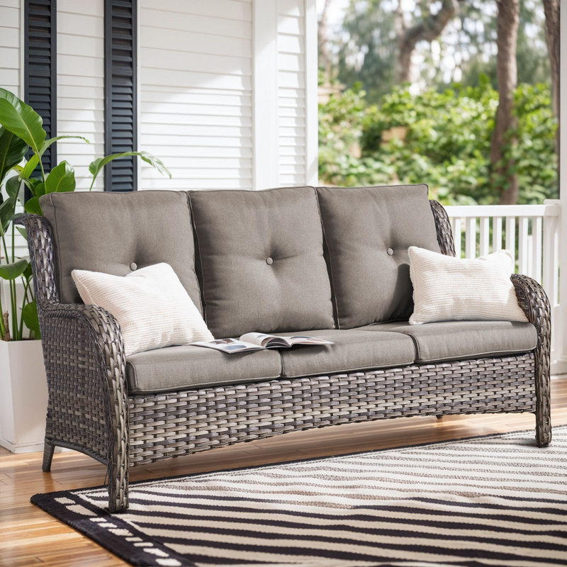 Wendye 4-Piece Outdoor Wicker Furniture Set, 2 Patio Chairs, 3-Seat Sofa & Fire Pit Table, Gray, Gray