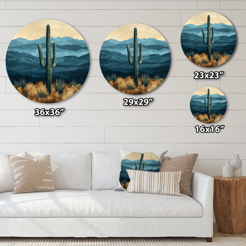 Cactus et montagnes I - art mural traditionnel vert en métal, impressions rondes de cactus, H 23 po x l 23 po