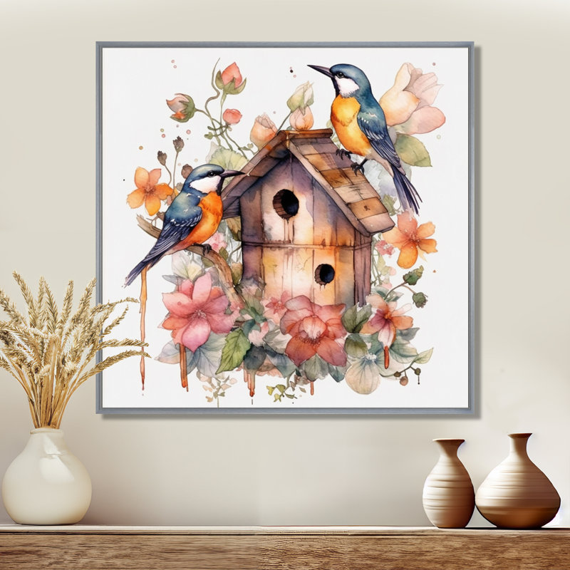«Birds On A Birdhouse», reproduction sur toile, H 16 po x l 16 po, Cadre argenté flottant