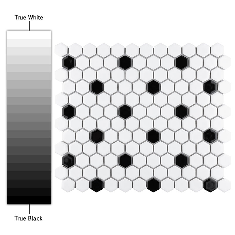 Metro 1" Hex Glossy White with Black Dot 10-1/4" x 11-7/8" Porcelain Mosaic Tile