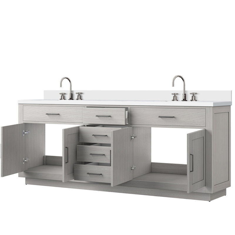 84 po Meuble-lavabo double large en chêne blanc, comptoir en quartz, robinet, mécanisme de fermeture en douceur, meuble-lavabo en bois massif et l 22 pi, finition, surface, fermeture, maquillage