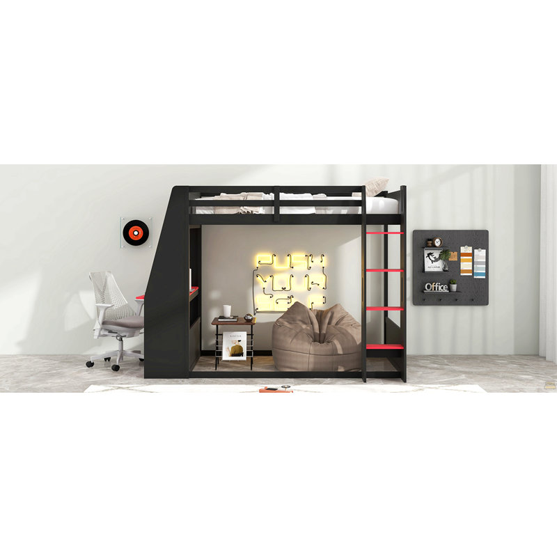 Lit simple superposé en bois avec bureau, deux tablettes de rangement, USB et lumière DEL, noir et rouge, Black,Red