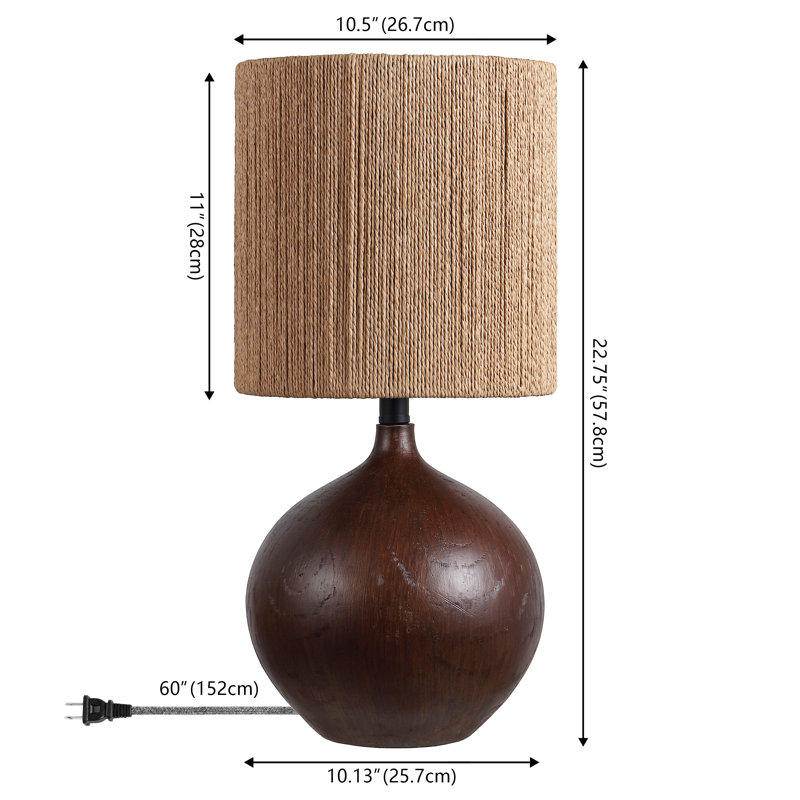 Abram 22.75" Rustic Bohemian Resin/Metal Round Table Lamp with Paper Rope Shade, Dark Brown Wood