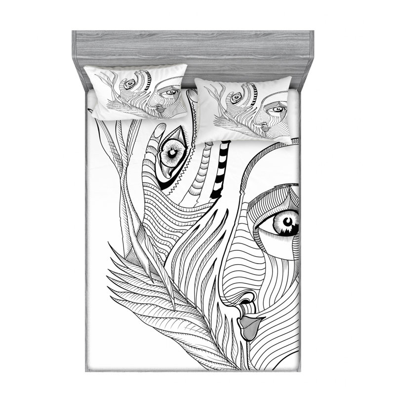 Ensemble de draps de marquage mehndi artful human faces, Ensemble de draps pour grand lit avec 2 taies d'or