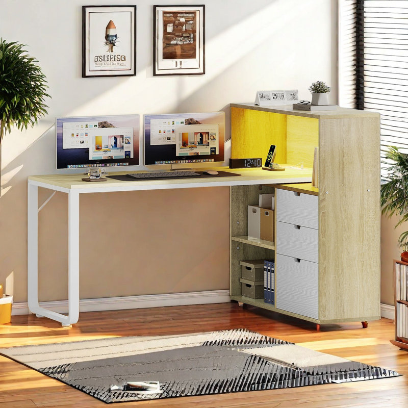 Broly 55'' L Shaped Desk with Power Outlets, Bookshelf & LED Light, Oak/White