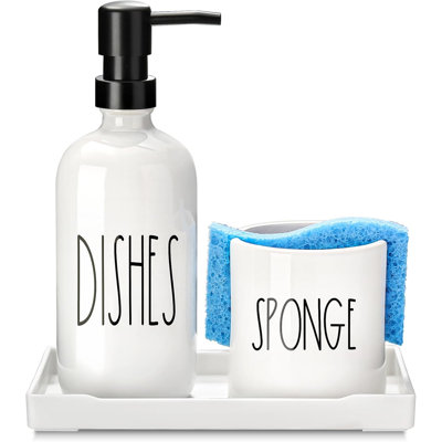 Dish Soap Dispenser for Kitchen, Ceramic Dish Soap Dispenser with Sponge Holder, White Dispenser Set with Tray, 3 in 1 Countertop Sink Organizer, Farmhouse Modern Kitchen Decor