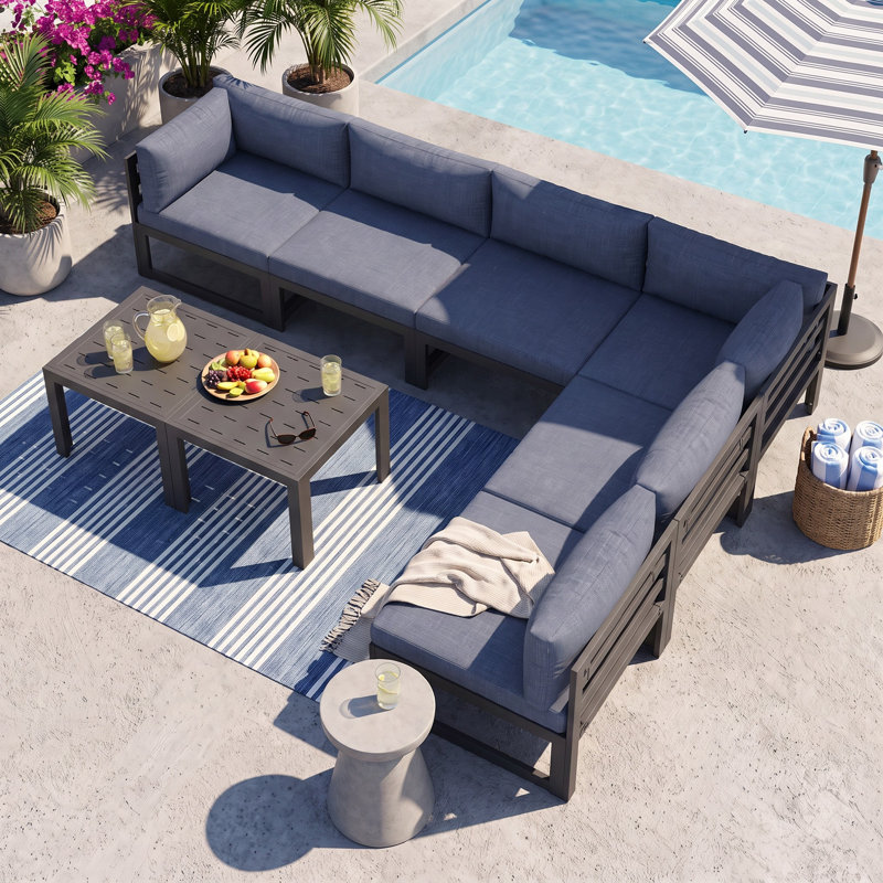 Ensemble de conversation modulaire d'extérieur en aluminium avec coussins et table basse 8 pièces Gilemette, Gris, Bleu denim