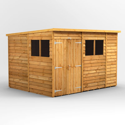 Powersheds 10 x 8ft Timber Overlap Pent Garden Shed, Double Doors