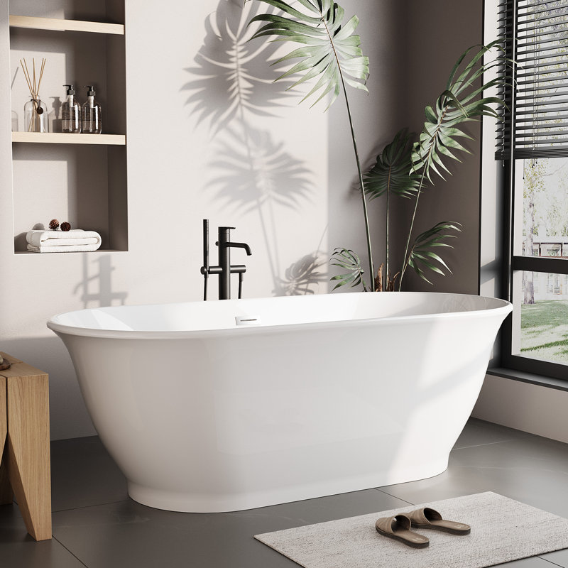 59 Inch Acrylic Freestanding Bathtub, Luxury Oval Soaking Tub, Modern White Stand Alone Bath with Chrome Drain and Overflow, Deep Soaking Tub for Bathroom