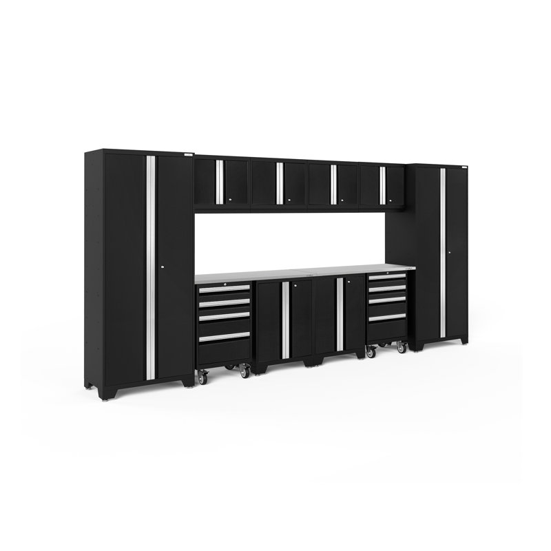 Bold Series 12 Piece Storage Cabinet Set, Stainless Steel, Black, No Lights