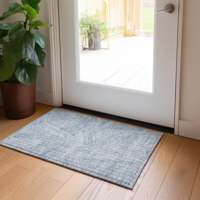 Denim Blue Rectangular Washable Synthetic Rug